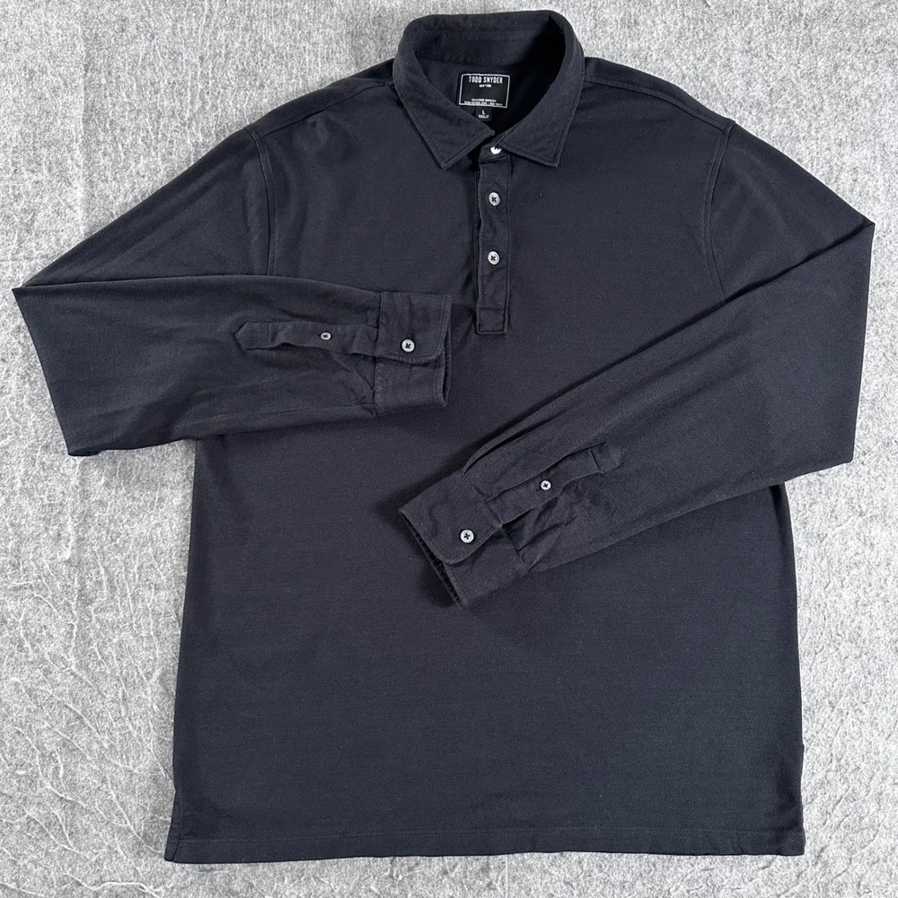 Todd Snyder Mens Large Black Long Sleeve Pique Polo Shirt Cotton Lyocell Stretch